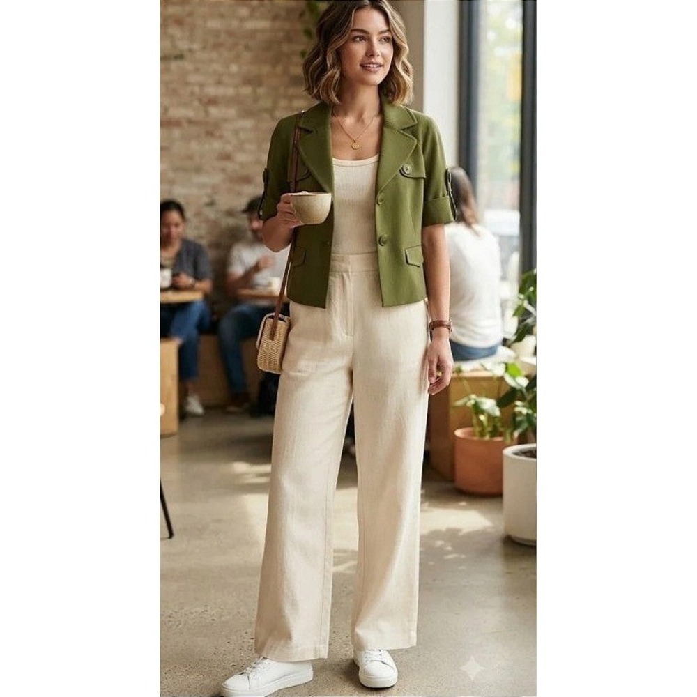 Ann Taylor LOFT Tailored Short Sleeve Cropped Jacket  Women Size 10 Green Good